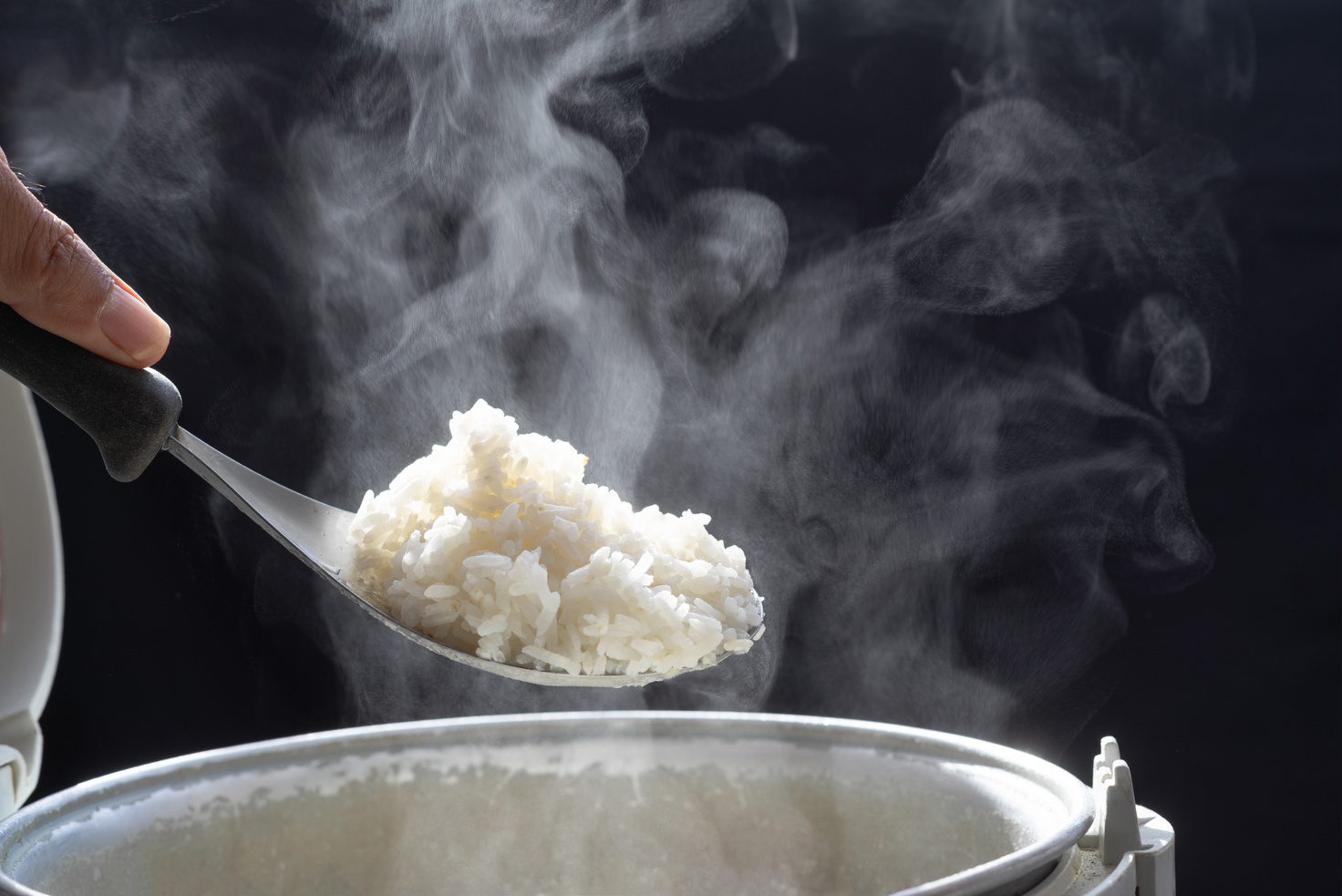 Jasmine Rice in a Spoon and Rice Cooker 